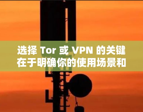 选择 Tor 或 VPN 的关键在于明确你的使用场景和需求,以及你对安全性的要求。以下是详细的建议 选择 Tor 或 VPN 的关键在于明确你的使用场景和需求,以及你对安全性的要求。以下是详细的建议